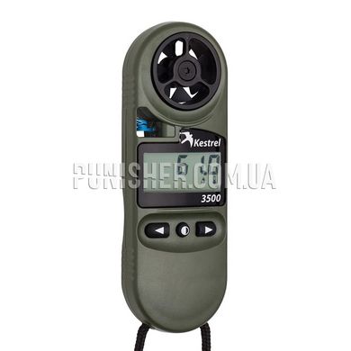 Kestrel 3500 NV Portable Weather Station, Olive, 3000 Series, Atmospheric vise, Height above sea level, Relative humidity, Wind Chill, Outside temperature, Heat index, Dewpoint, Wind speed, Time and date, Night Vision
