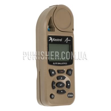 Kestrel 5700X Elite Weather Meter With Applied Ballistics and LiNK, Tan, 5000 Series, Atmospheric vise, Height above sea level, Relative humidity, Wind Chill, Saving measurements, Outside temperature, Heat index, Wind direction, Dewpoint, Wind speed, Ballistic calculator, Time and date, Bluetooth, LINK, Night Vision