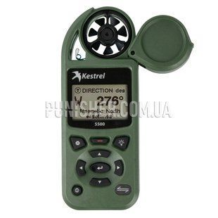 Портативна метеостанція Kestrel 5500, Olive, Атмосферний тиск, Висота над рівнем моря, Відносна вологість, Вітро-холодовий індекс, Збереження вимірів, Зовнішня температура, Індекс спеки, Компас, Напрям вітру, Точка роси, Швидкість вітру, Час і дата, Night Vision