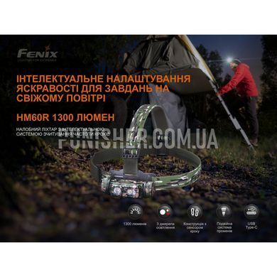 Фонарь налобный Fenix HM60R, Camouflage, Налобный, Аккумулятор, USB, Белый, Красный