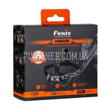 Фонарь налобный Fenix HM60R, Camouflage, Налобный, Аккумулятор, USB, Белый, Красный