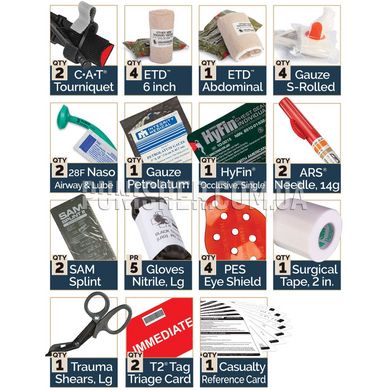 North American Rescue Squad Kit (CCRK), Coyote Brown, Bandage, Medical rolled gauze, Decompression needles, Medical scissors, Nasopharyngeal airway, Occlusive dressing, Anti-burn dressing, Turnstile, Traction splint, Eye shield