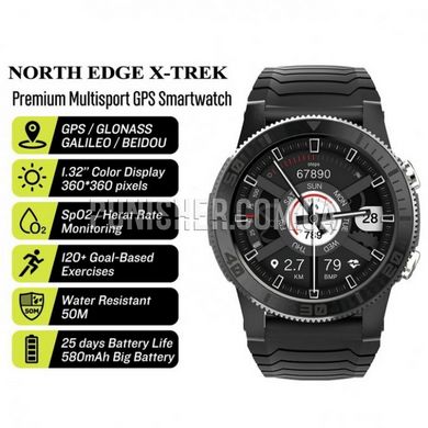 North Edge XTrek PRO Watch with compass, Black, Alarm, Vibration notification, Compass, Backlight, Heart rate monitor, Stopwatch, Fitness tracker, Bluetooth, GPS, Tactical watch