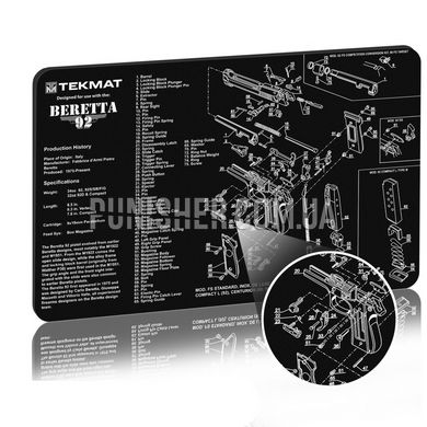 Коврик TekMat 28 x 43 см с чертежом Beretta 92 для чистки оружия, Черный, Коврик