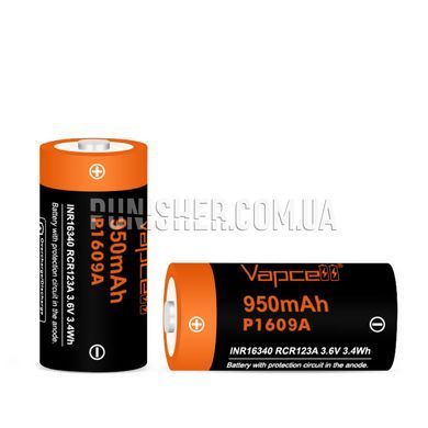 Акумулятор Vapcell P1609A 16340 RCR123A 950 mAh 3.6V, Помаранчевий/Чорний, 16340