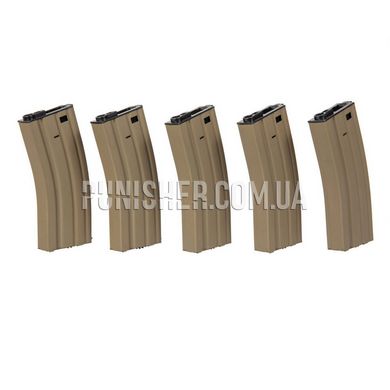 Specna Arms Hi-Cap 300 BB Magazines Set for M4/M16, 5 pcs, Tan, Drum, M4/M16/AR-15/SCAR-L, Metal, Plastic