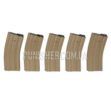 Specna Arms Hi-Cap 300 BB Magazines Set for M4/M16, 5 pcs, Tan, Drum, M4/M16/AR-15/SCAR-L, Metal, Plastic