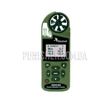 Kestrel 4000NV Environmental Meter, Olive, 4000 Series, Atmospheric vise, Height above sea level, Relative humidity, Wind Chill, Outside temperature, Heat index, Dewpoint, Wind speed, Bluetooth, Night Vision
