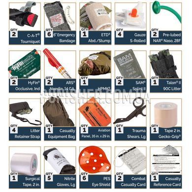 North American Rescue Warrior Aid and Litter Kit (WALK), Coyote Brown, Bandage, Hemostatic Gauze, Decompression needles, Medical scissors, Medical cards, Nasopharyngeal airway, Occlusive dressing, Strap cutter, Heating blanket, Turnstile, Traction splint, Eye shield