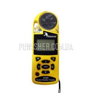 Kestrel 4500 Pocket Weather Tracker (Used), Yellow, 4000 Series, Atmospheric vise, Height above sea level, Relative humidity, Wind Chill, Outside temperature, Heat index, Dewpoint, Wind speed, Time and date
