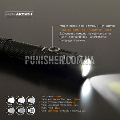 Портативный светодиодный фонарик Videx A105RH 1200Lm, Черный, Ручный, Аккумулятор, Белый, 1200