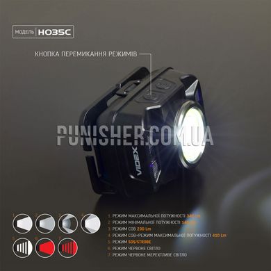 Налобный светодиодный фонарик Videx H035C 410 Lm, Черный, Налобный, Аккумулятор, Белый, Красный, 410