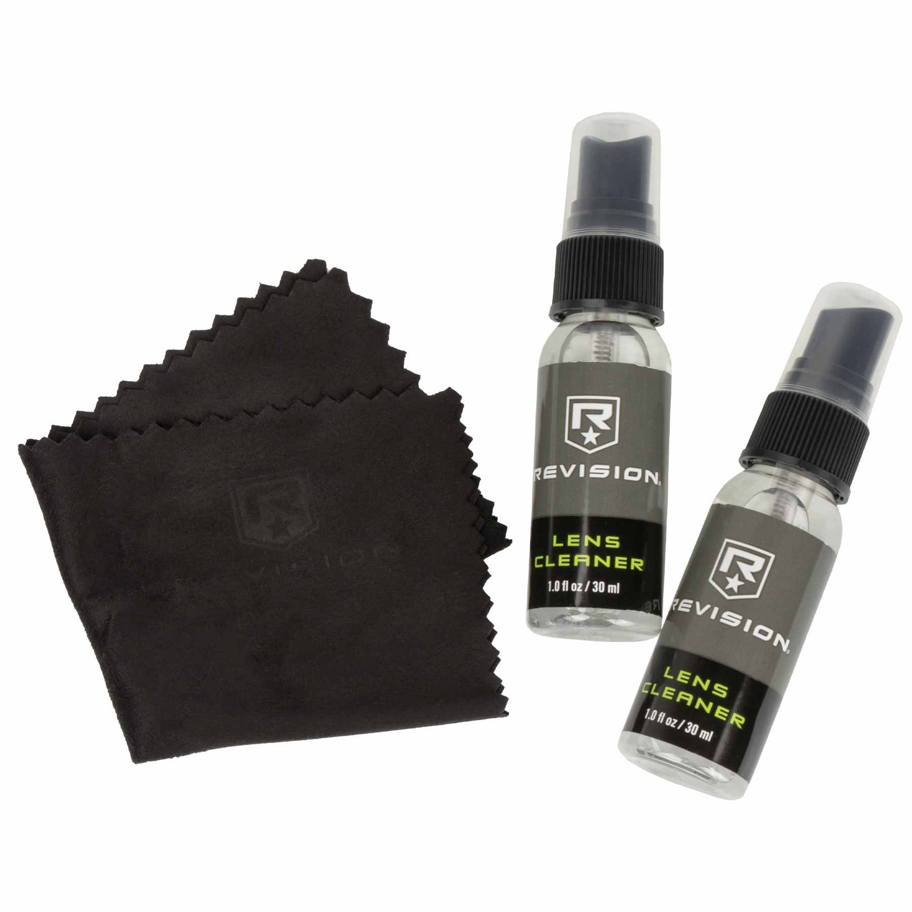 Two small spray bottles of anti-fog lens solution from Revision brand with a folded black cleaning cloth