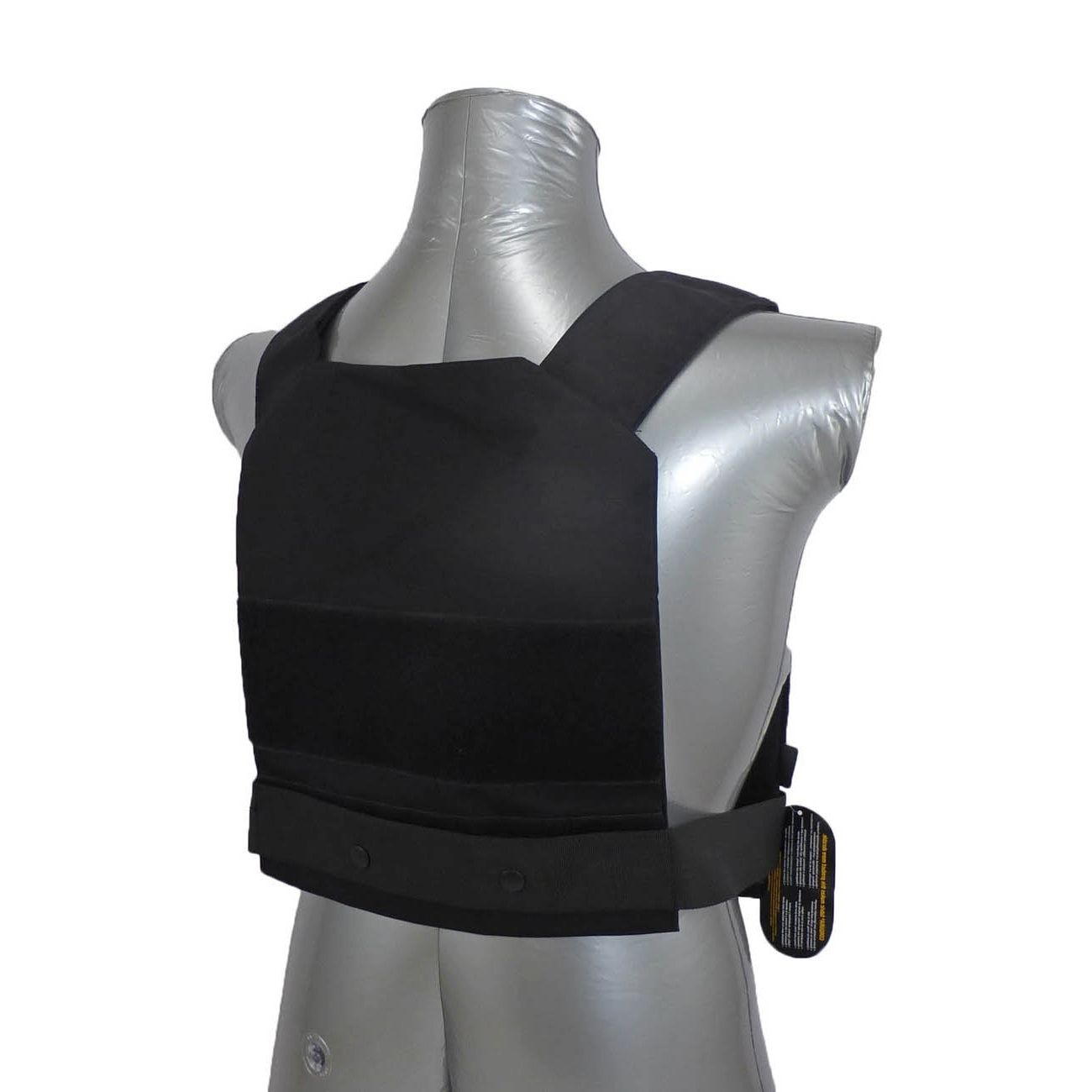 Black body armor vest on a gray mannequin