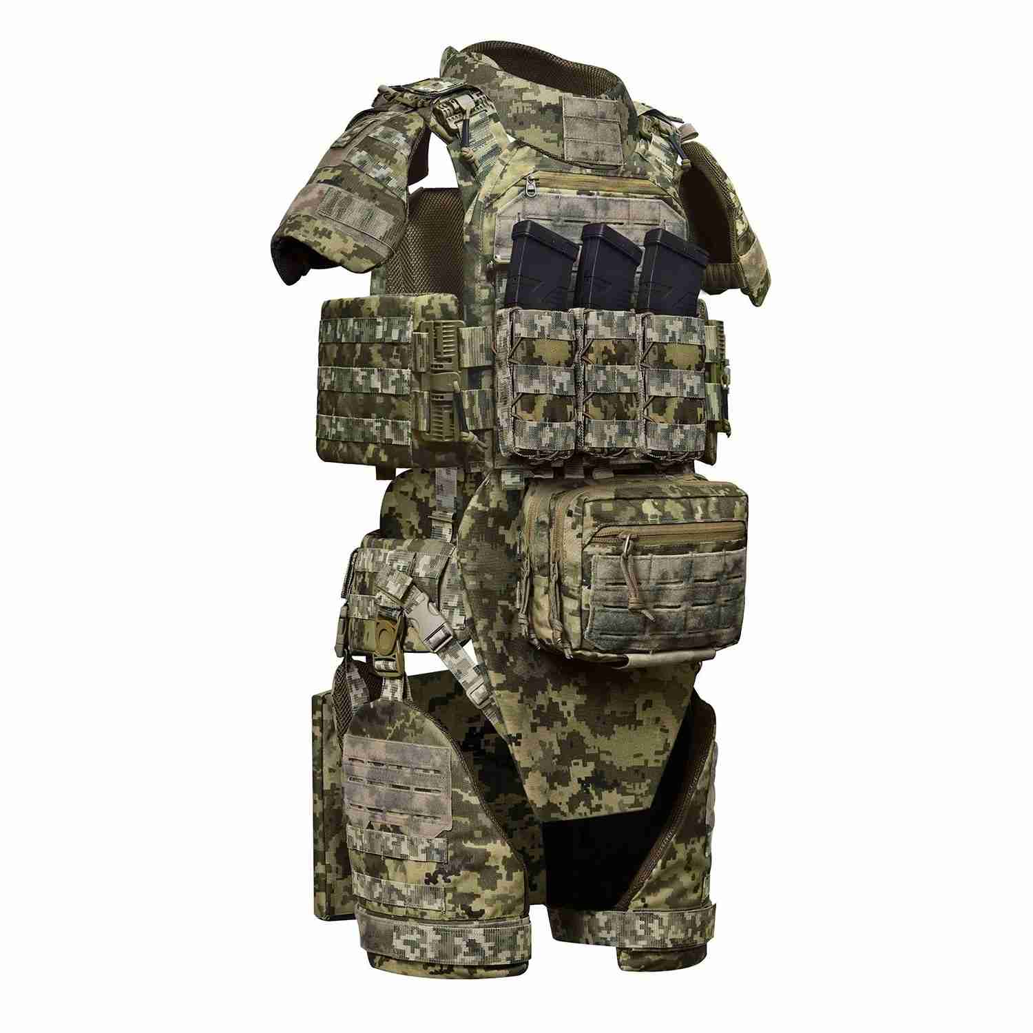 Body armor suit with pouches and three rifle magazines