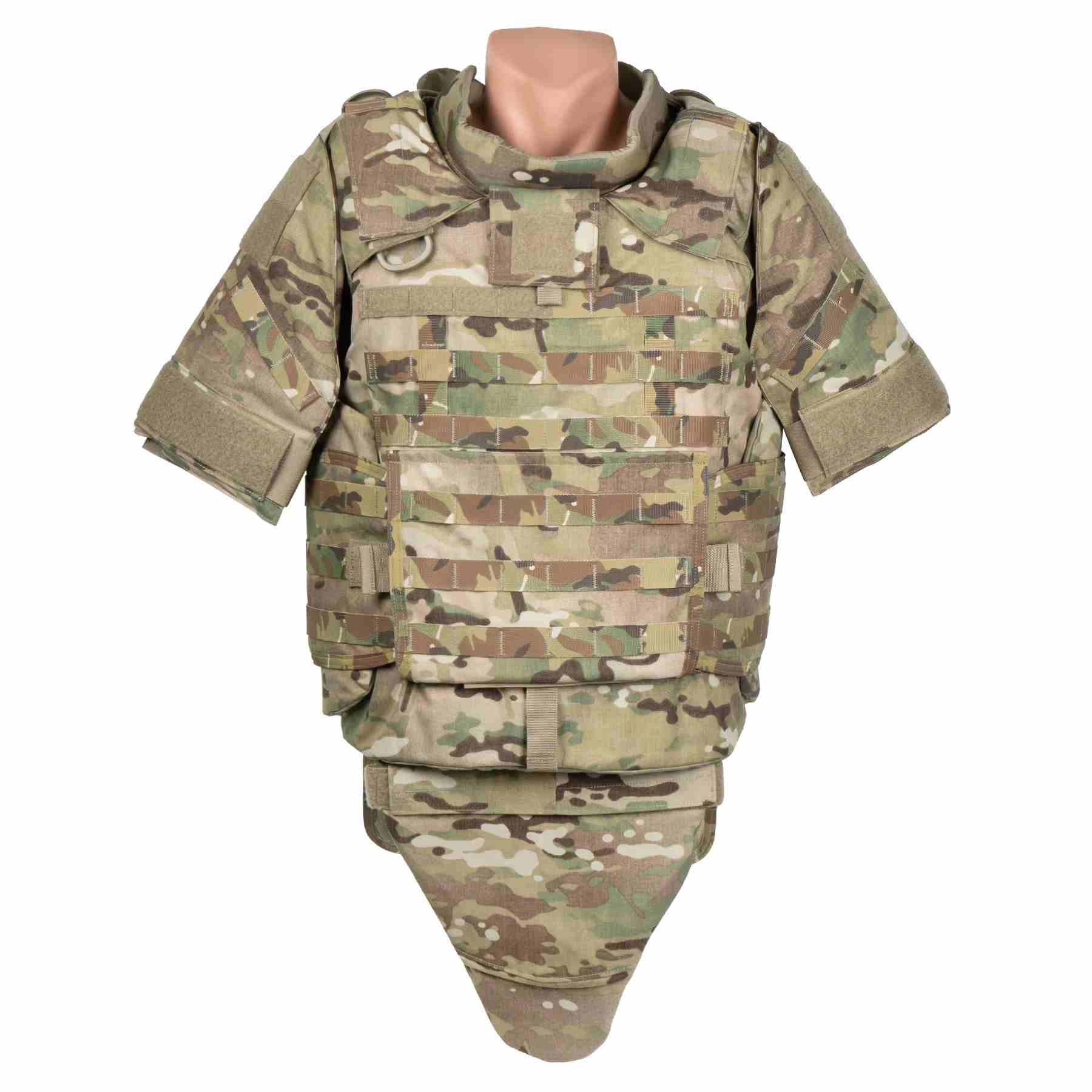 Body armor vest with additional neck and groin protection on a mannequin