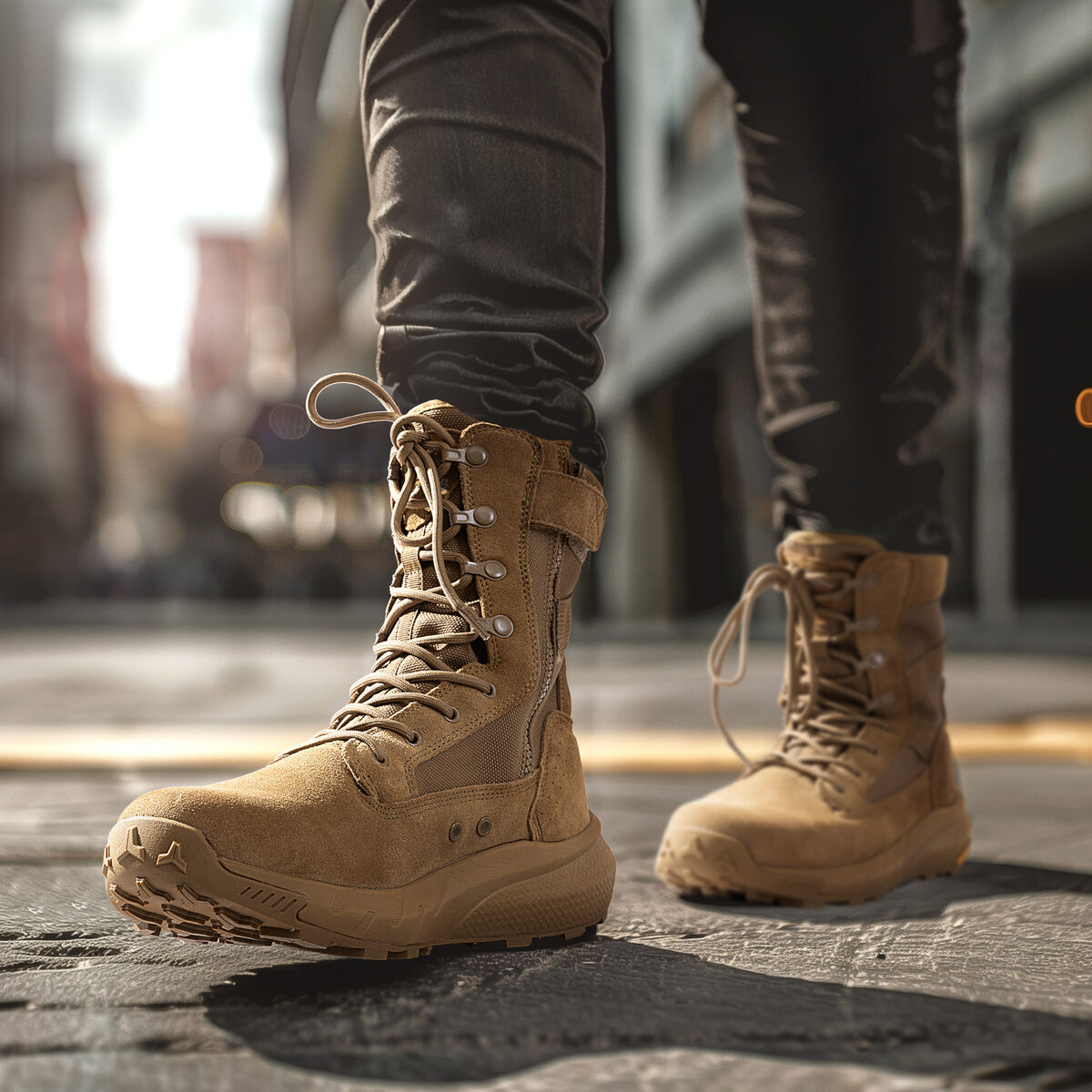 Coyote-colored combat boots with jeans