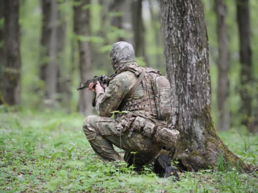A soldier camouflaged to blend in with young grass and leaves