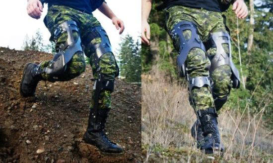 A soldier on a forced march wearing a leg exoskeleton