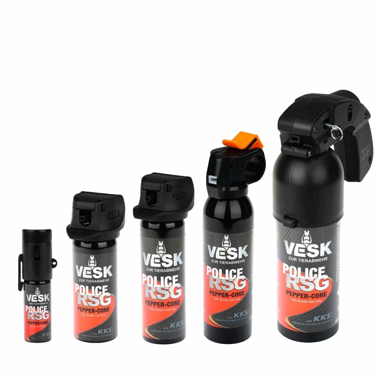 Five black pepper spray canisters in different sizes with orange and red labels