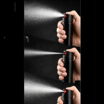 Three sequential close-up shots showing the spray patterns of pepper spray canisters