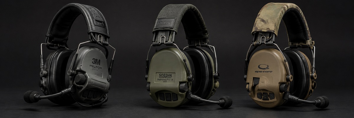 Active headsets from different manufacturers laid out in a row