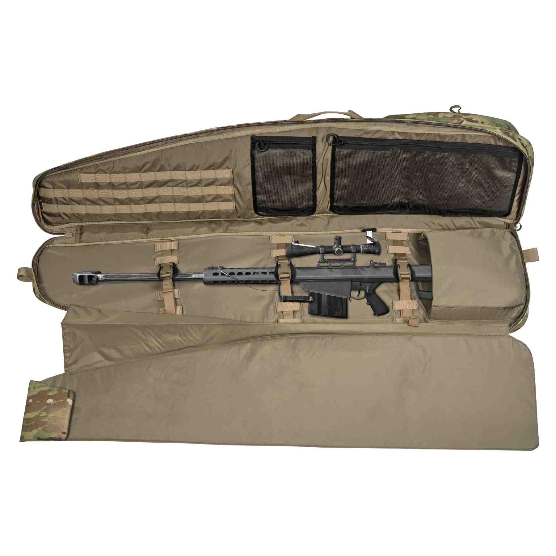 A rifle with a telescopic sight secured inside an open gun bag
