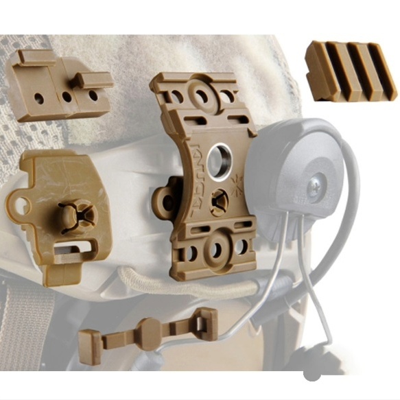 Tan tactical helmet mount, including rail adapters and a clamp