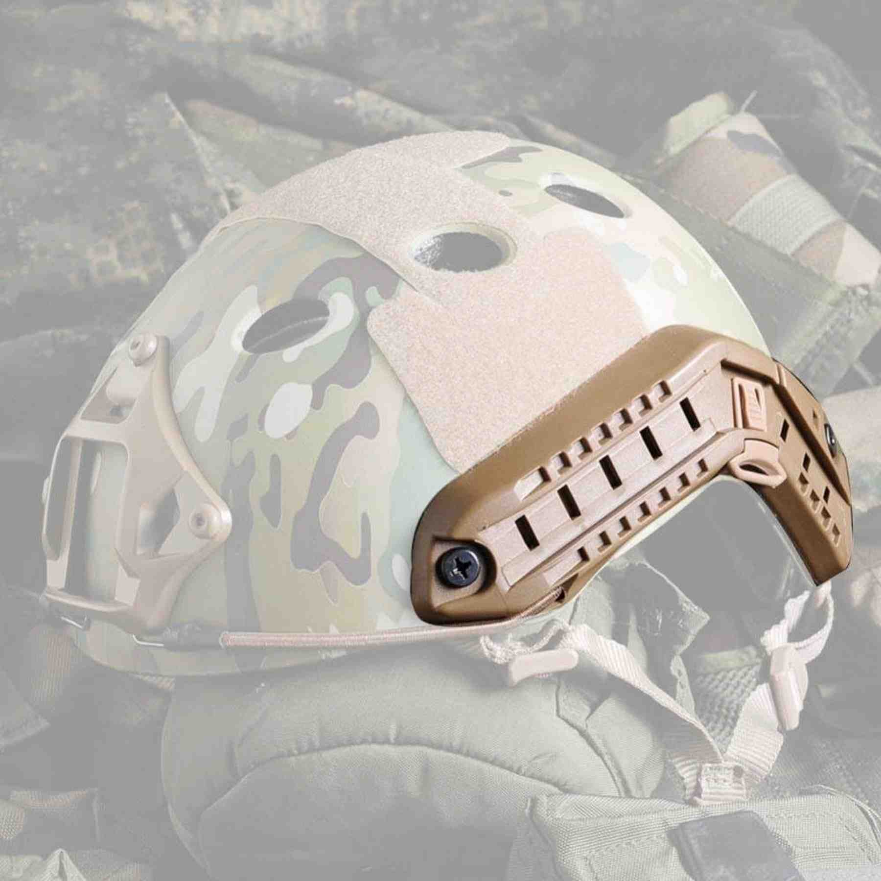 Tan ARC rail mounted on a helmet with a camouflage pattern