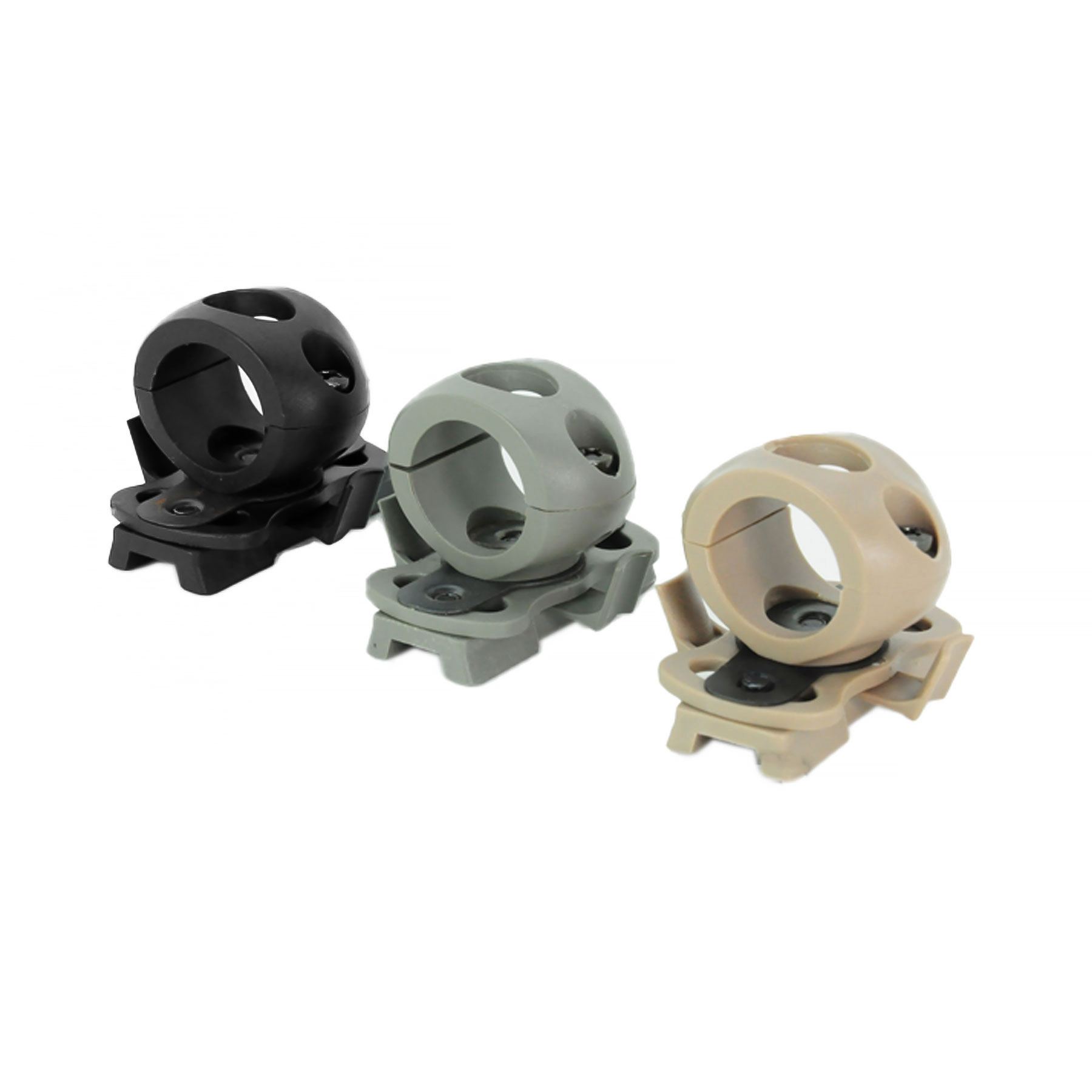 Three helmet-mounted flashlight brackets — black, gray, and sand colors