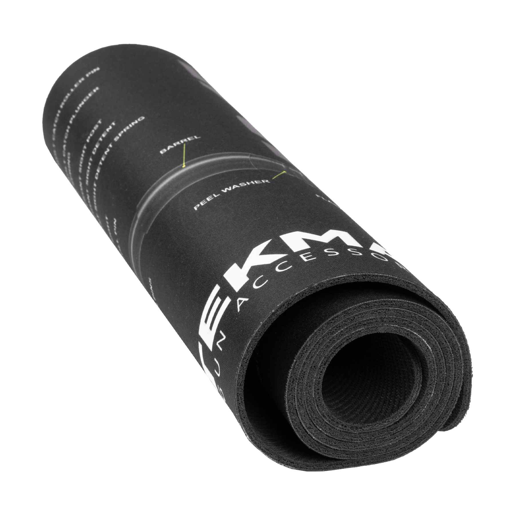 Black rolled-up gun cleaning mat with white text and logo