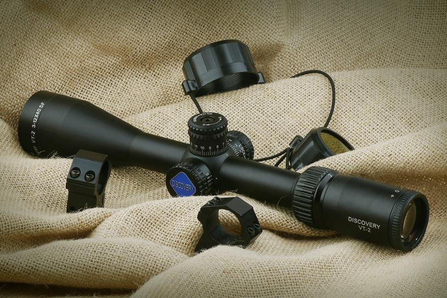 The optical sight is lying on a burlap sack