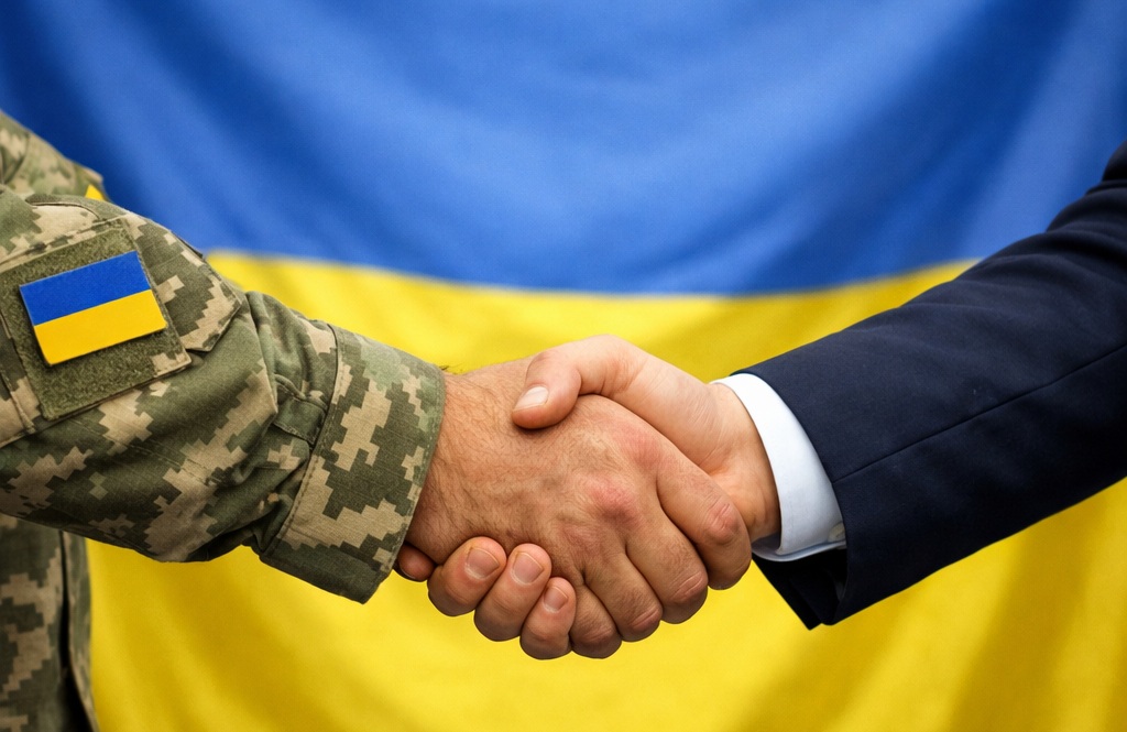 A Ukrainian soldier shaking hands with a business representative against the backdrop of the Ukrainian flag