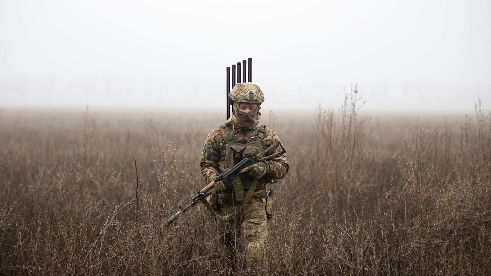 Ukrainian Armed Forces soldier with portable electronic warfare equipment