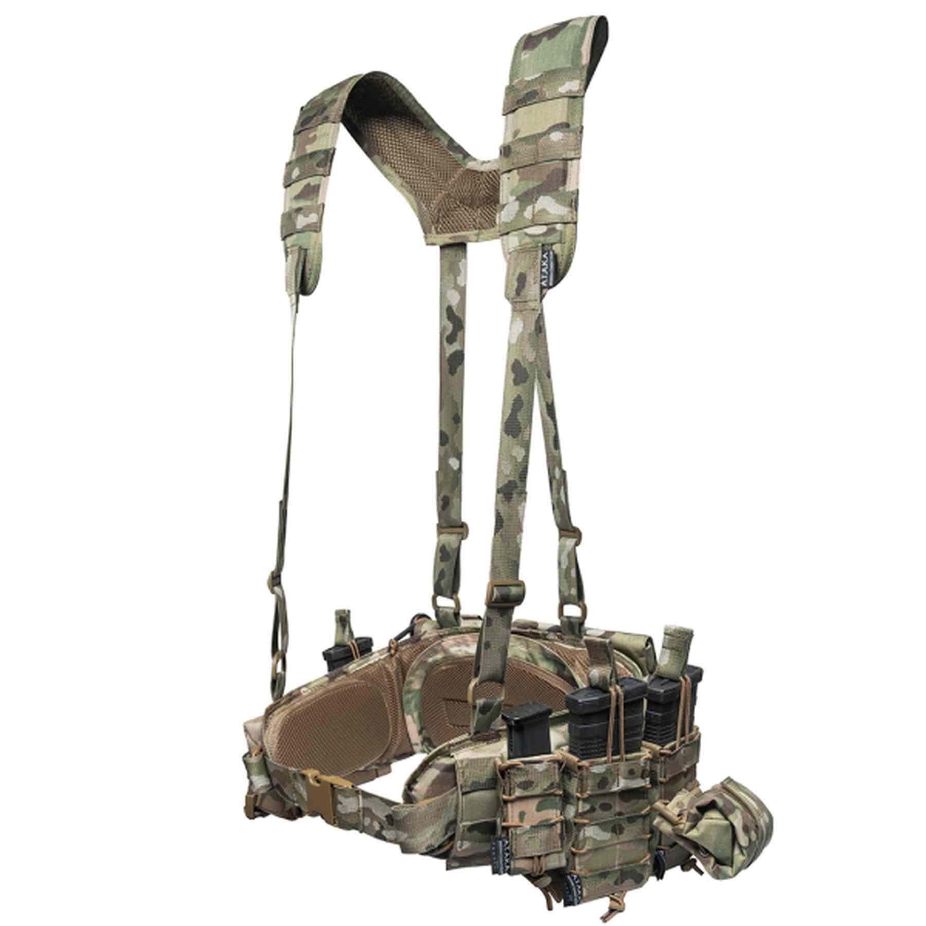 Multicam battle belt with adjustable shoulder straps and multiple pouches
