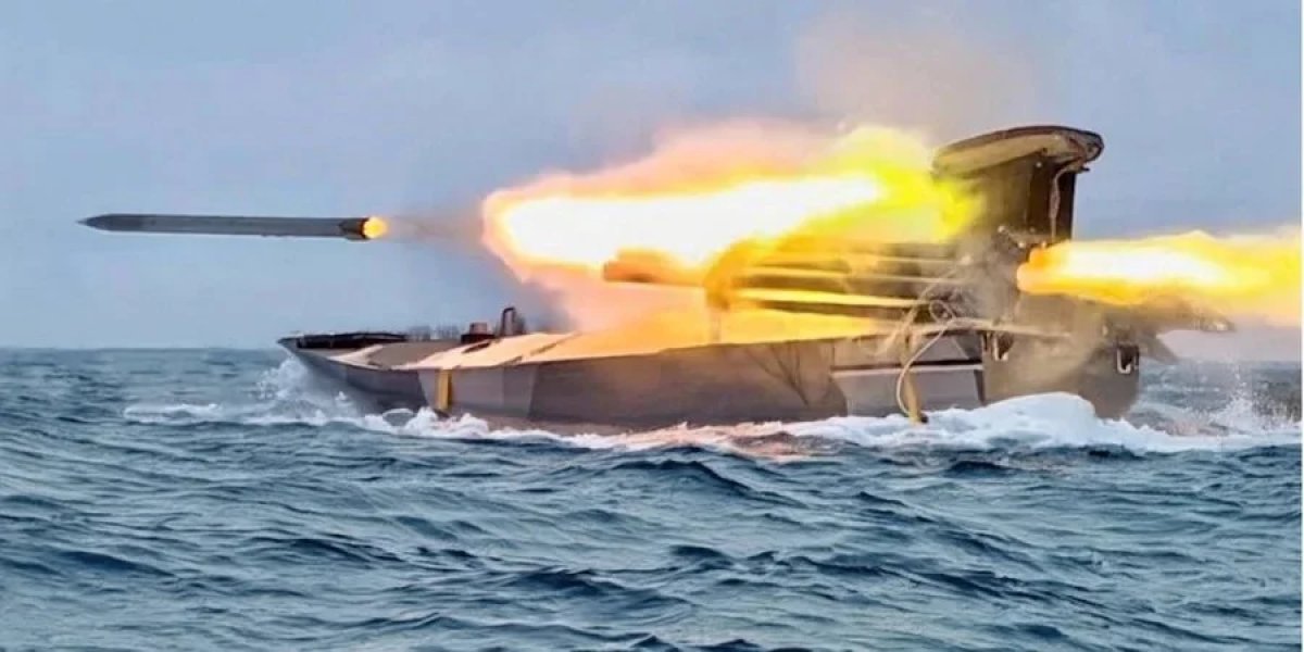 A marine drone fires from a multiple rocket launcher