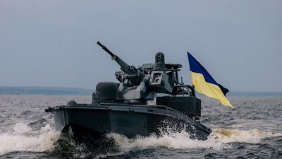 The Sea Baby marine drone with a Ukrainian flag flying from its flagpole