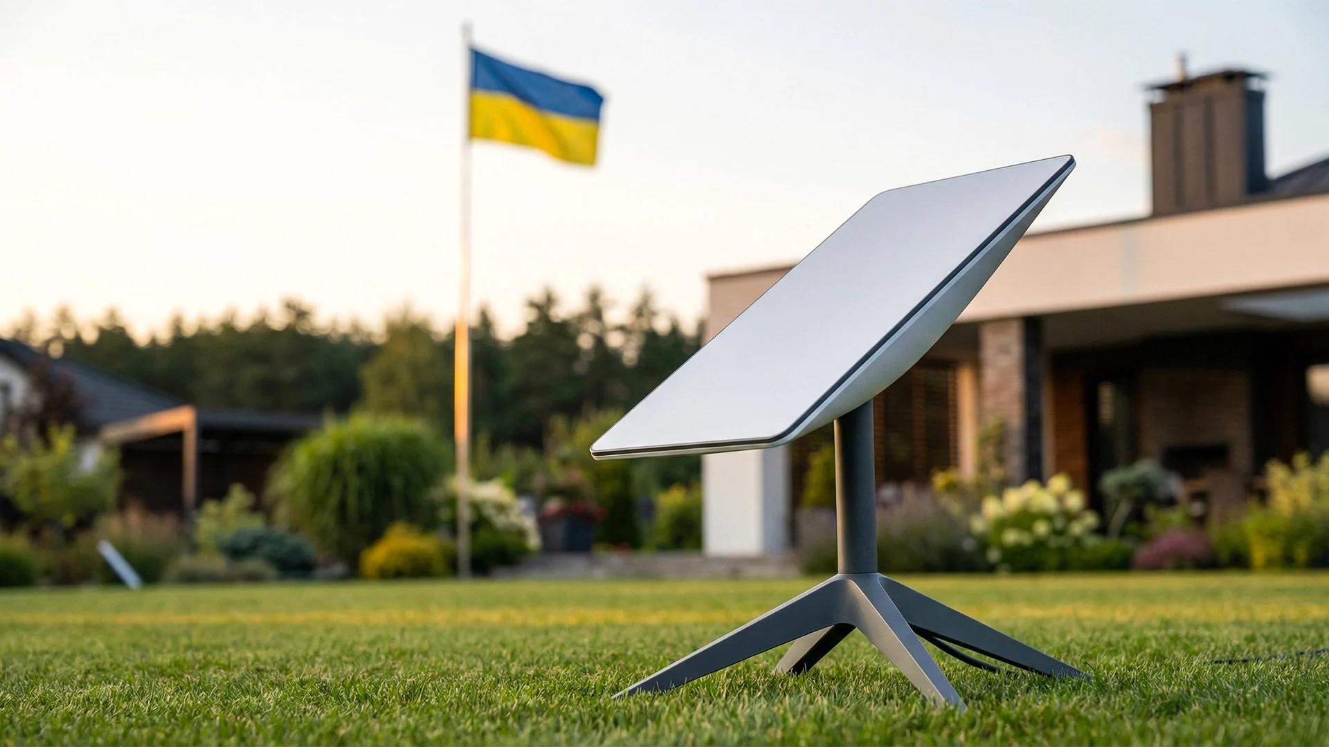 Термінал Starlink на зеленому газоні і на тлі прапору України